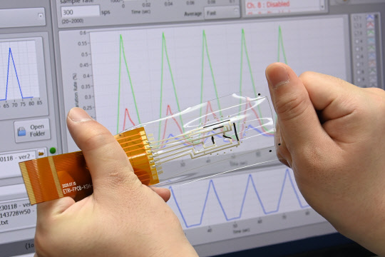ETRI는 360도 방향에 걸쳐 피부가 늘어나고 줄어드는 신축량과 변형 방향을 AI 알고리즘을 적용해  98% 정확도로 감지하는 '피부 부착형 스트레인 센서'를 개발했다.  ETRI 제공